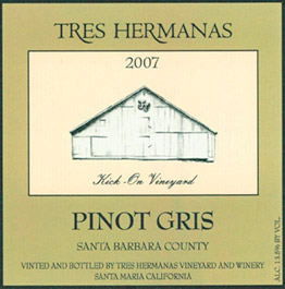 <strong>2007 Pinot Gris  (Kick-On Vineyard-Santa Barbara County) </strong>
Elegant, featuring a cloak of apricot, mineral, white pepper and pear skins wrapped around a core of steel. This wine shows harmony and a sense of terroir.