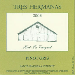 <strong>2008 Pinot Gris (Kick-on Vyd, Santa Barbara County)</strong>
Rich honeysuckle, melon, apple, pear and butter notes combine with a supple palate framed by  floral and vanilla flavors.