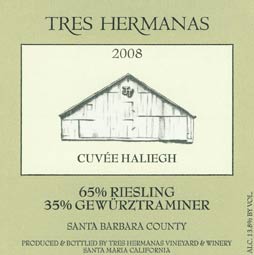 <strong>2008 Cuvee Haliegh (Santa Barbara County, 65% Riesling, 35% Gewürztraminer) </strong>
Rich and Dry, with hints of olive oil, steel wool, baked apples and a wonderful aroma of white flowers. With a bracing texture of mineral, honeydew melon and peach skins. 